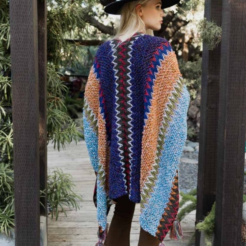Colorful Crochet Patterned Ruana in Indigo